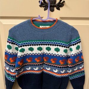 Mini Boden Blue Sweater with Squirrel and Tree Pattern